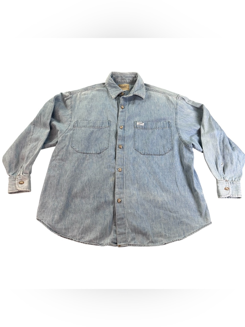 Vintage GUESS Georges Marciano Denim Shirt Mens Small USA 90s Western Light Wash